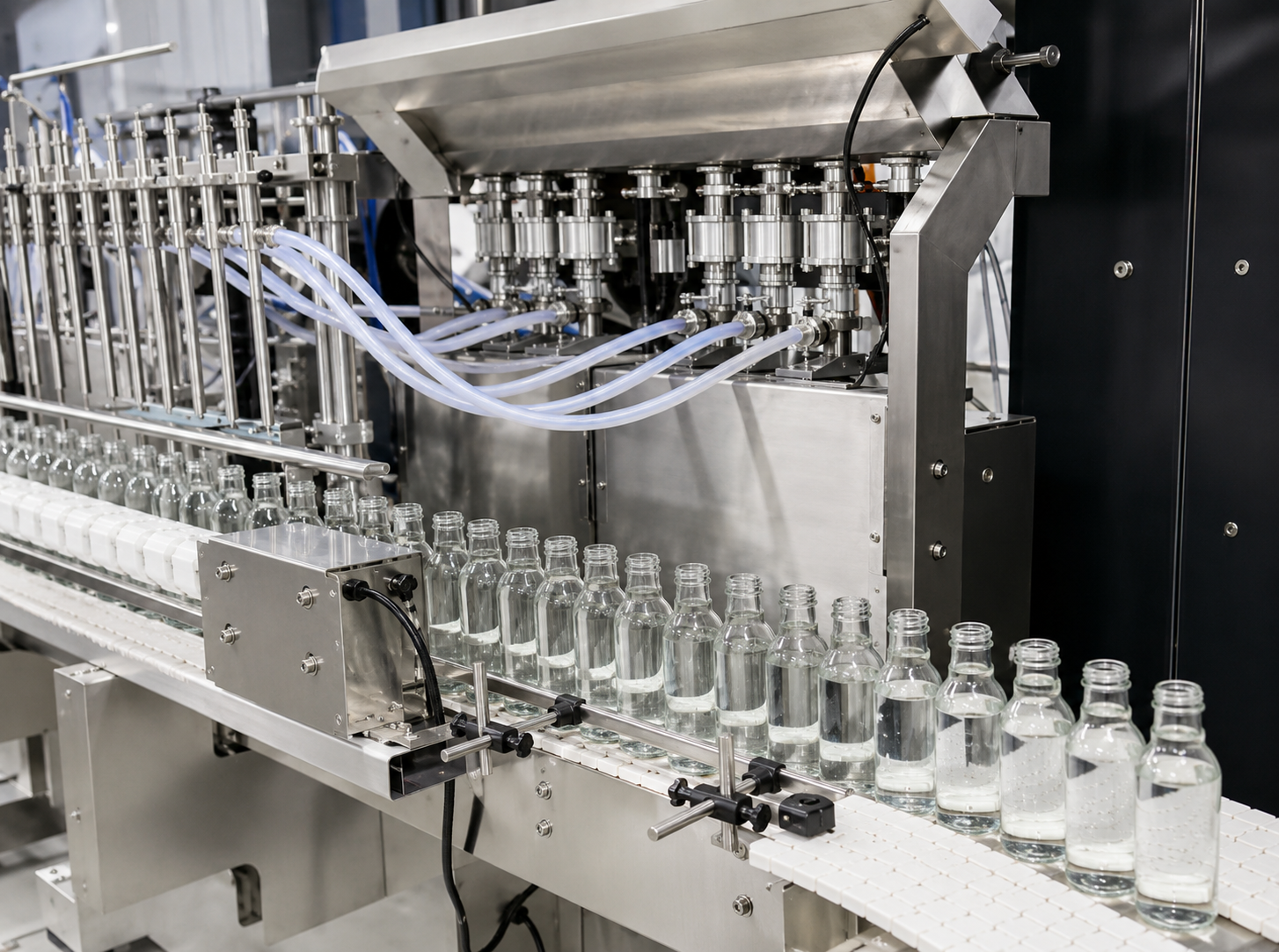 Automatic bottle filling machine with clear glass bottles on conveyor