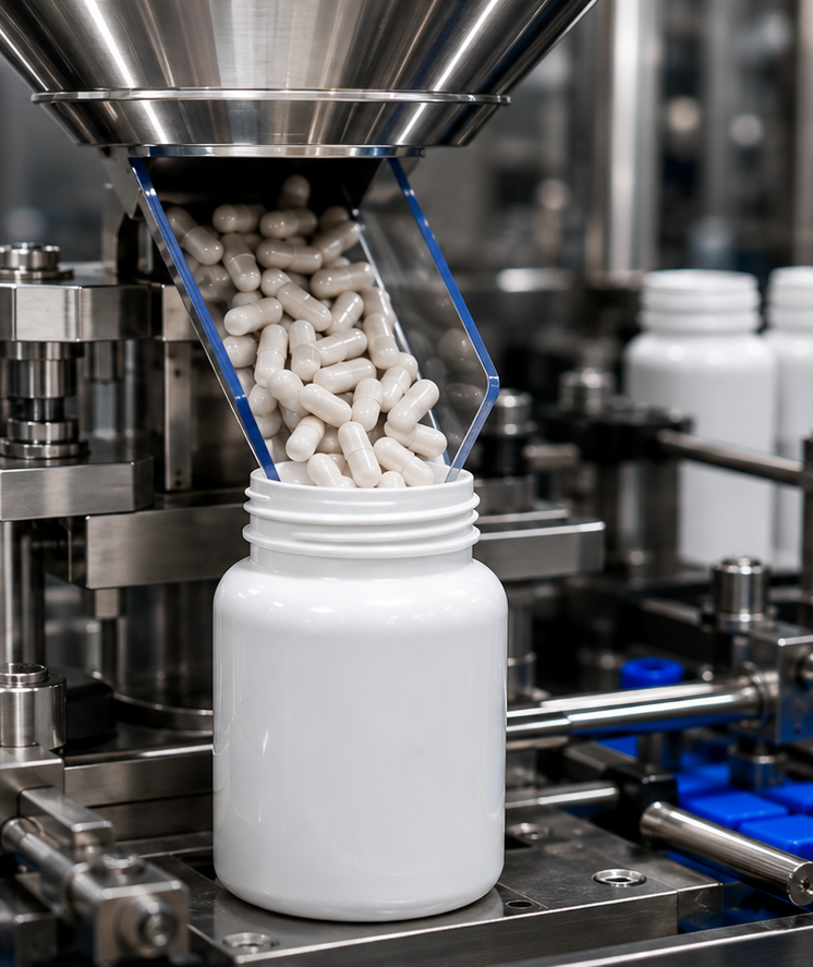 Automatic capsule counting machine filling a white pharmaceutical bottle